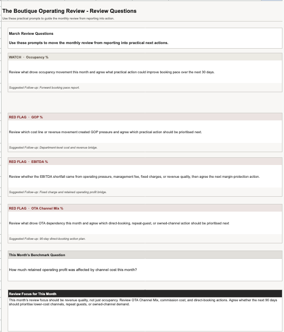 Review Questions view — practical monthly prompts and suggested follow-up actions for the review team